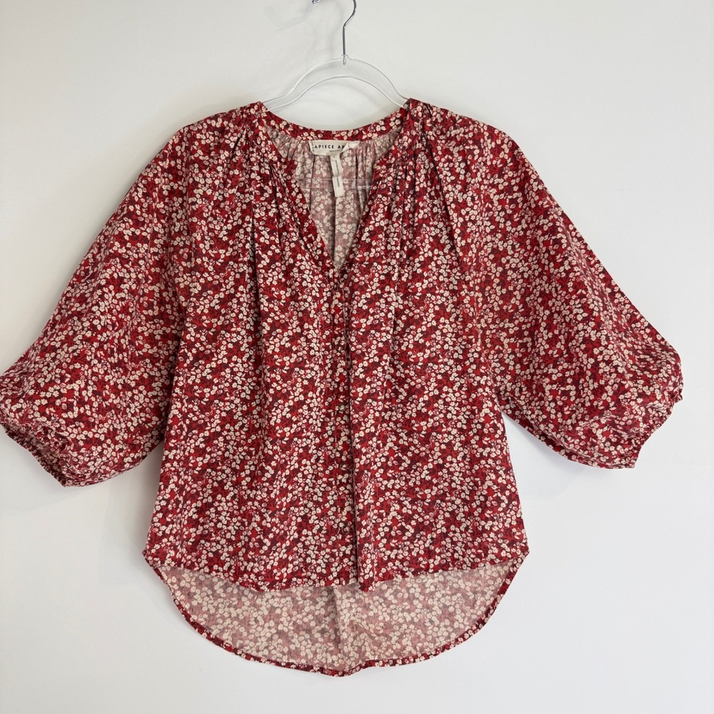 Apiece Apart Mitte Blouse Women S Red Floral Organic Cotton Puff Sleeve Top - Picture 2 of 11